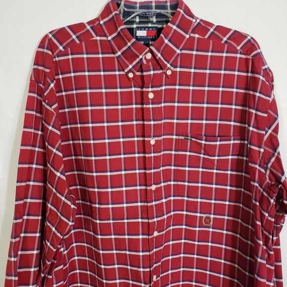 VTG Tommy Hilfiger Mens Shirt Size Large Red Plaid Button Down Crest Logo L/S - Picture 3 of 10